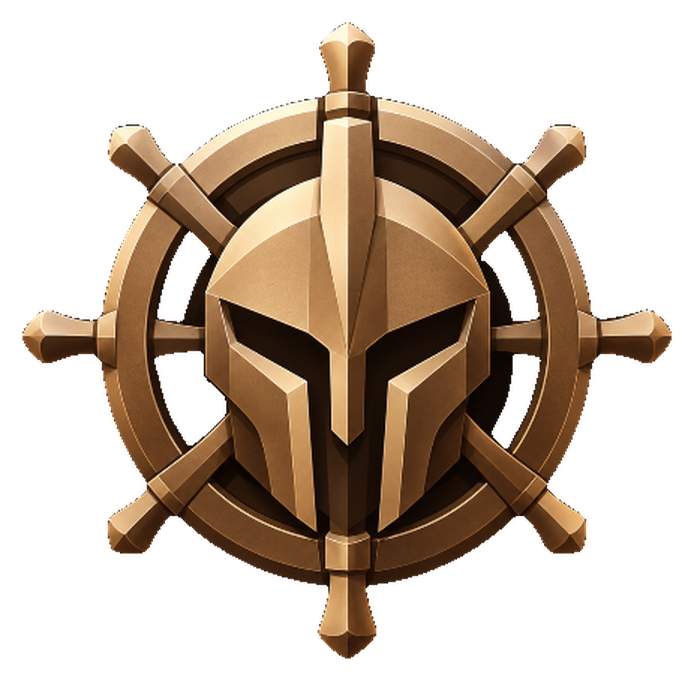 Helm, a bronze ship's wheel with a crested helmet at its center